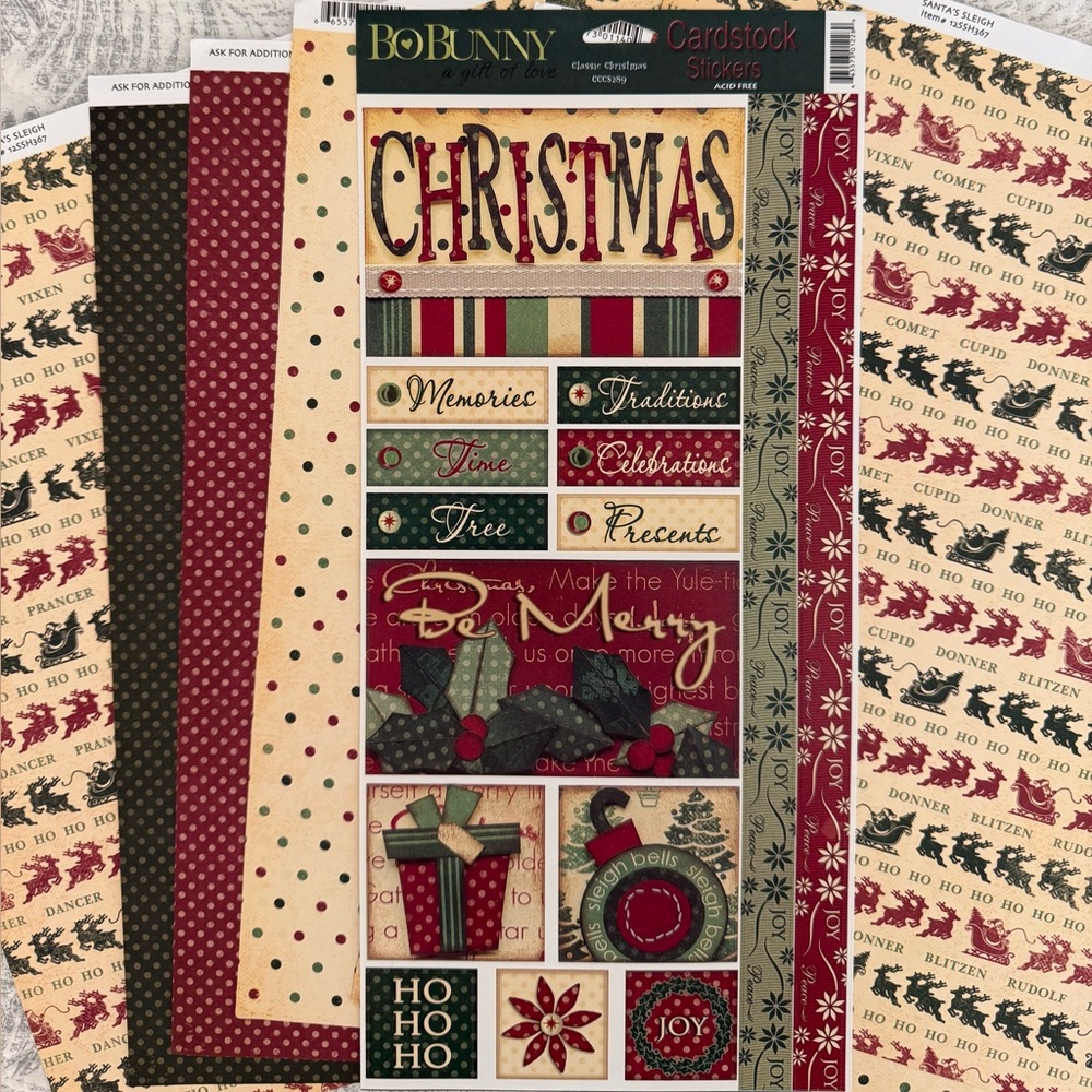 🆕🎄 BO BUNNY “CLASSIC CHRISTMAS” CARDSTOCK STICKERS & MATCHING PAPER.